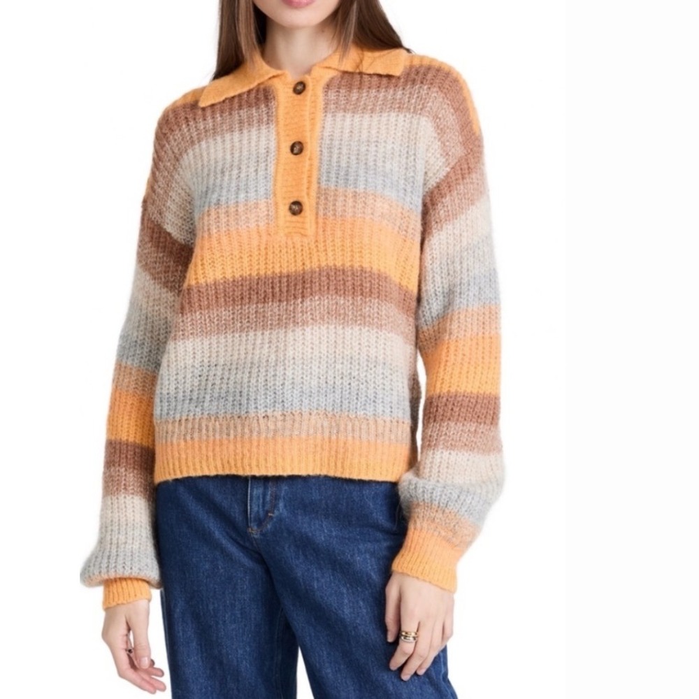 Something Navy Striped Collared Button Alpaca Woo… - image 2